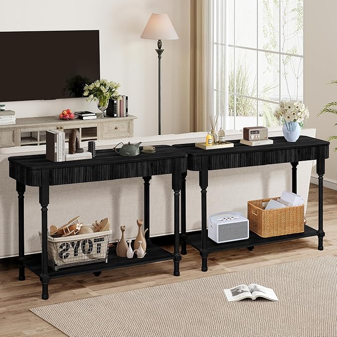43.3'' Fluted Console Table for Entryway, Narrow Entryway Tables with 2 Wooden Drawers, Retro Sofa Table Behind Couch Accent Tables for Foyer, Living Room, Hallway (Black)