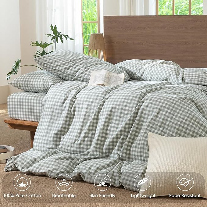 MooMee Gingham Duvet Cover Set 100% Washed Cotton Linen Like Textured Breathable Durable Soft Comfy Modern Checkered Design (Sage Green Gingham, Super King 108"x98")