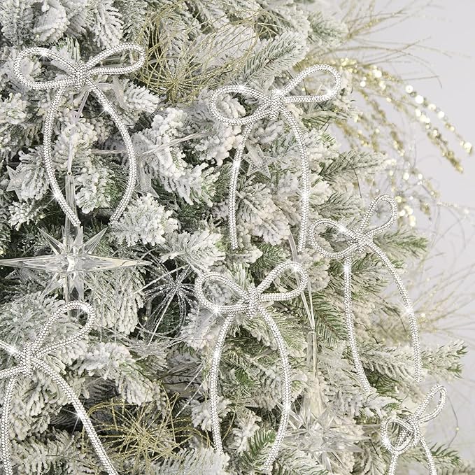 FLAIR GIFTS 6 Pcs 4.3" x 6" 2025 Christmas Bows for Tree Decor, Silver Sparkly Glitter Rhinestone Bow Ornaments with Twist Tie for Xmas Decoration, Wreath, Garland, Gift Wrapping