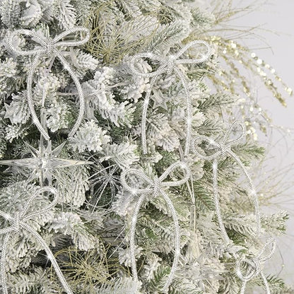 FLAIR GIFTS 6 Pcs 4.3" x 6" 2025 Christmas Bows for Tree Decor, Silver Sparkly Glitter Rhinestone Bow Ornaments with Twist Tie for Xmas Decoration, Wreath, Garland, Gift Wrapping