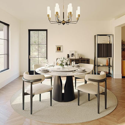 POVISON Round Dining Table for 4, 51" Modern Round Dining Table Built in Lazy Susan, Matte Sintered Stone Tabletop with Black Carbon Steel Pedestal, White