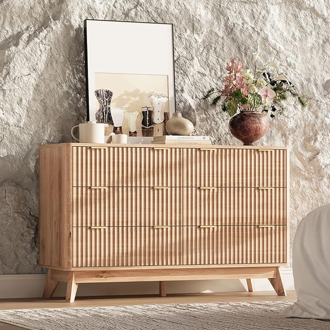 47'' Wide 6 Drawers Dressers for Bedroom, Modern Fluted Chest with Arc Corners, Large Wooden Dresser TV Stand, Wood Closet Clothes Storage Organizer for Living Room, Natural Wood