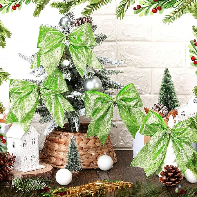 Cindeer 24 Pcs Lime Green Christmas Bow Decorations 6 x 6 Inches, Glitter Holiday Ornaments Sequin Ties Bows for Xmas Tree, Wreath, DIY Crafts, Gift Wrapping, Party Decor