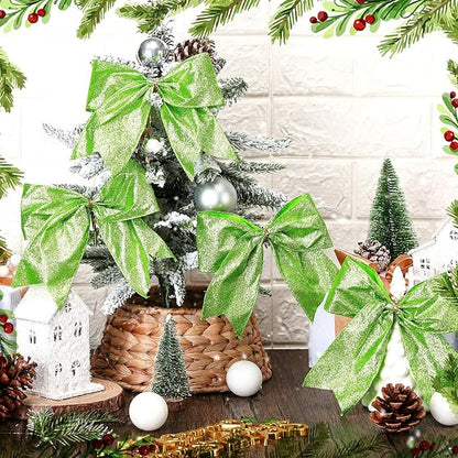 Cindeer 24 Pcs Lime Green Christmas Bow Decorations 6 x 6 Inches, Glitter Holiday Ornaments Sequin Ties Bows for Xmas Tree, Wreath, DIY Crafts, Gift Wrapping, Party Decor