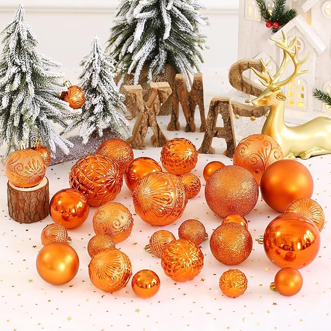 Christmas Ball Ornaments Copper Orange Christmas Tree Decorations with Hang Rope-36pcs Shatterproof Christmas Ornaments Set with 6 Styles in 3 Sizes(Small Medium Large)
