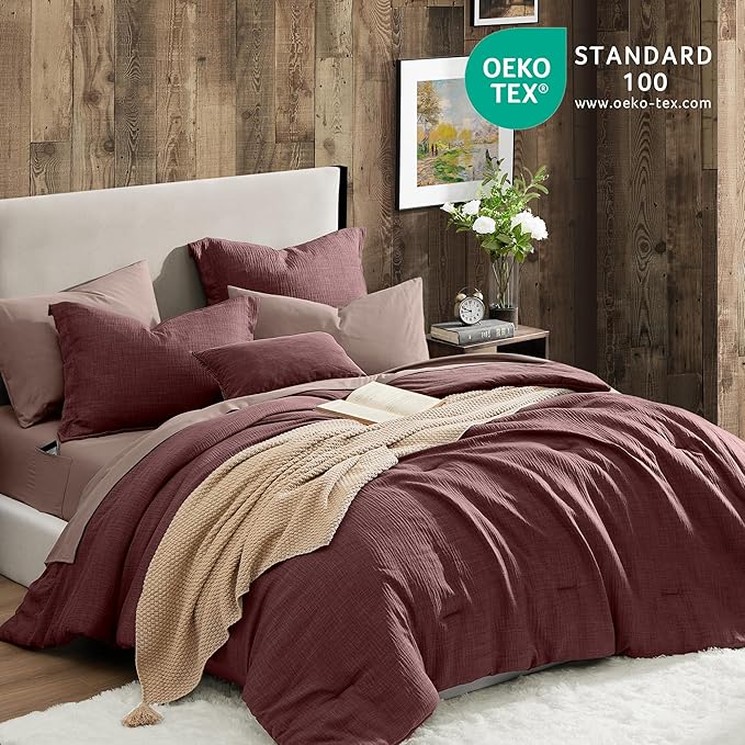 Geniospin Queen Comforter Set - 7 Pieces Comforter Queen Size, Soft Solid Bedding Set for All Season, Textured Bed in a Bag with Sheets, Pillowcases & Shams (Burgundy, 90''x90'')