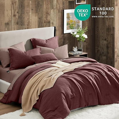 Geniospin Queen Comforter Set - 7 Pieces Comforter Queen Size, Soft Solid Bedding Set for All Season, Textured Bed in a Bag with Sheets, Pillowcases & Shams (Burgundy, 90''x90'')