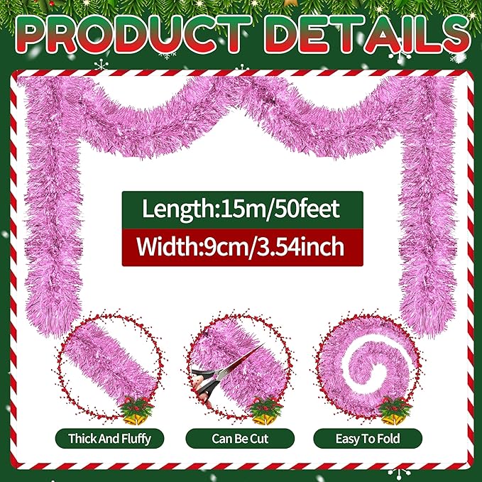 50 Ft Christmas Tinsel Garland Pink Thick Tinsel Garland Xmas Tree Decorations Metallic Tinsel Twist Garland for Christmas, Birthday, Party Decor Indoor Outdoor Party Supplies