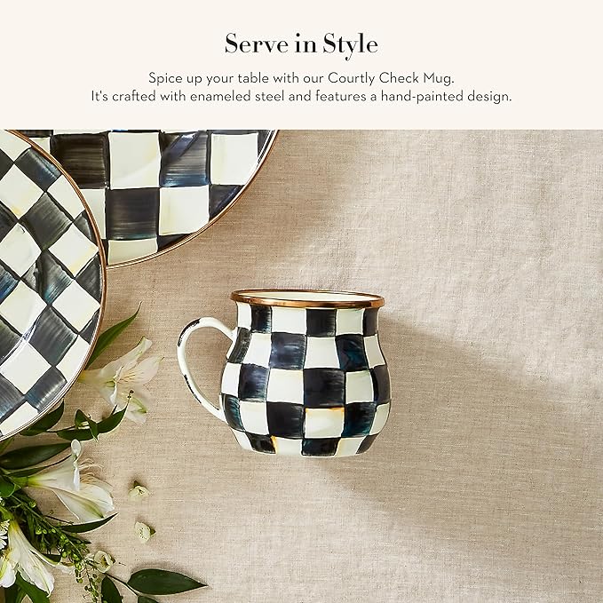 MACKENZIE-CHILDS Enamel Mug, Cute Enamelware Coffee and Tea Mug, Unique Drinkware, 16 Ounces, Black-and-White Courtly Check, Set of 4
