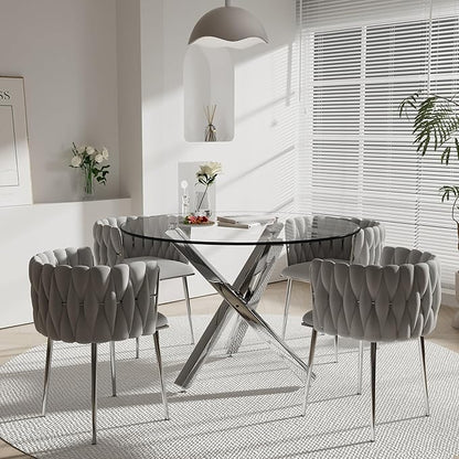 Silver Luxury Round Dining Table Set for 4, 39'' Clear Circle Glass Top Dinner Table Set, 5 PCS Modern Circular Kitchen Table and Grey Woven Chairs Set, for Small Apartment Living Room