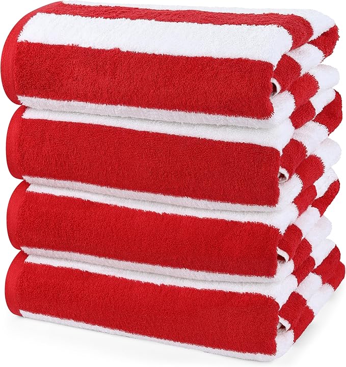Utopia Towels 4 Pack Cabana Stripe Beach Towel Oversized 100% Ring Spun Cotton Beth Towels Highly Absorbent Quick Dry, Red