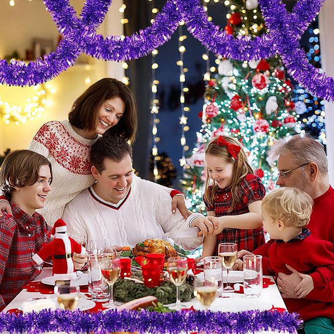 50 Purple Green Christmas Tinsel Garland for Christmas Tree Decorations, Xmas Metallic Twist Shiny Hanging Garland Decor for Mantle Stairs Fireplace Home Holiday Indoor Outdoor