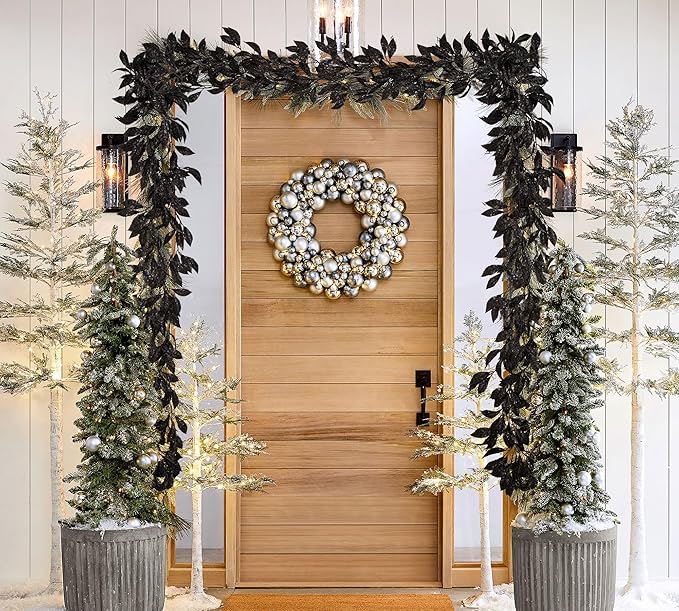 3 Pcs 6FT Christmas Garland Black Glittered Artificial Magnolia Leaves for Mantle Christmas Tree Decorations Indoor Outdoor Hanging Garland Ornaments Garden Door Wall Window Stair Holiday Home Decor