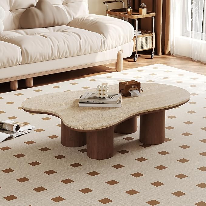 48.42" Cloud Coffee Table for Living Room, Mid-Century Modern Coffee Table with Wood Legs, Unique Travertine Stone Top Living Room Table Large Tea Table for Home Office