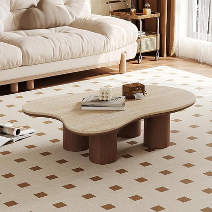 48.42" Cloud Coffee Table for Living Room, Mid-Century Modern Coffee Table with Wood Legs, Unique Travertine Stone Top Living Room Table Large Tea Table for Home Office