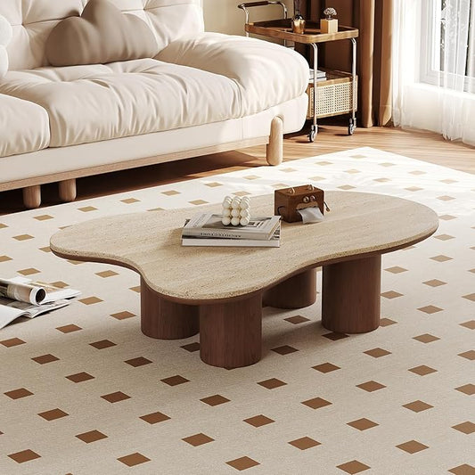 48.42" Cloud Coffee Table for Living Room, Mid-Century Modern Coffee Table with Wood Legs, Unique Travertine Stone Top Living Room Table Large Tea Table for Home Office