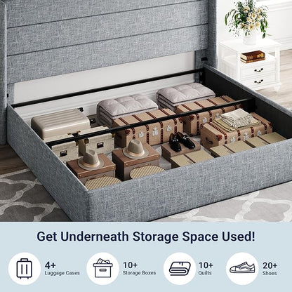 Allewie King Size Lift Up Storage Bed, Modern Wingback Headboard, Hydraulic Support, No Box Spring Needed, Grey Blue