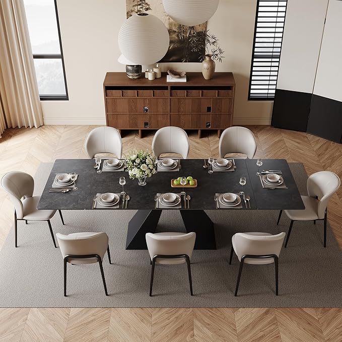 Modern Expandable Dining Table- 63" to 94.5" Extendable Dining Room Table, Gray Sintered Stone Top with Black Metal Base - Seats 6-12, Easy Assembly (Table Only)