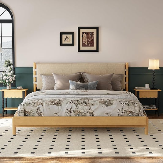 Premium Rubber Wood Platform Bed Frames, King Size Headboard Included, Mid Century Modern Beds, Beige