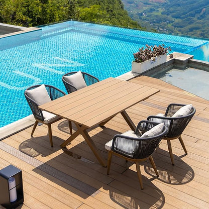 PURPLE LEAF 5 Pieces Patio Dining Table Set Wicker Outdoor Furniture Rectangular Table and Chairs Set for Garden Deck Teak-Finish Aluminum Frame Backyard Kitchen Set, Cushions and Pillows Included