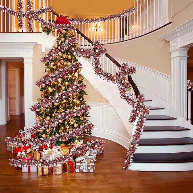 Christmas Garland Xmas Decorations 33 FT Red Green Christmas Tinsel Garland with Snowman Ornaments, Metallic Christmas Tree Garland Indoor Outdoor for Home Mantle Xmas Party Holiday Decor Gifts