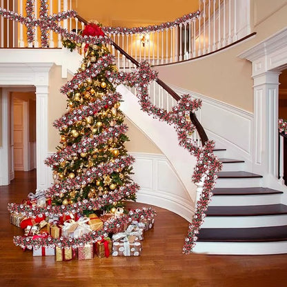 Christmas Garland Xmas Decorations 33 FT Red Green Christmas Tinsel Garland with Snowman Ornaments, Metallic Christmas Tree Garland Indoor Outdoor for Home Mantle Xmas Party Holiday Decor Gifts