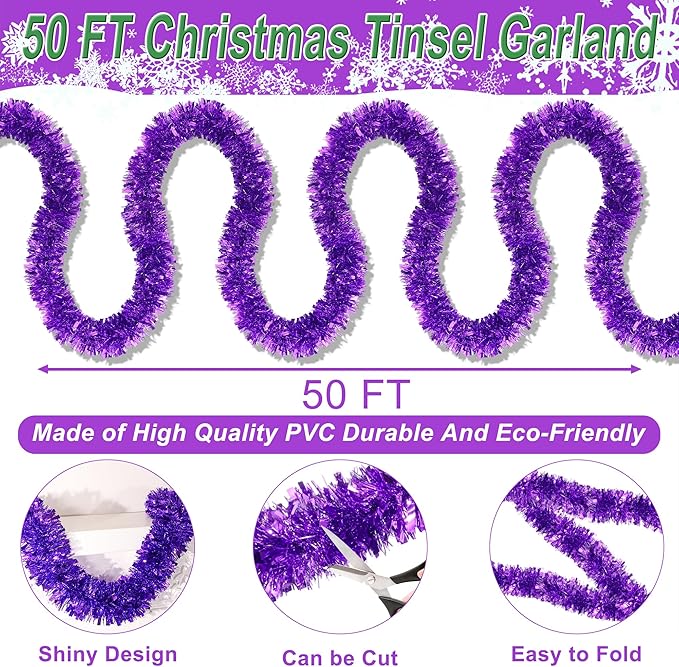 50 FT Purple Christmas Tinsel Garland Christmas Decorations for Xmas Tree Decor, Shiny Metallic Twist Hanging Tinsel Garlands for Stairs Mantle Fireplace Home Indoor Outdoor Holiday Party Supplies