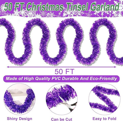 50 FT Purple Christmas Tinsel Garland Christmas Decorations for Xmas Tree Decor, Shiny Metallic Twist Hanging Tinsel Garlands for Stairs Mantle Fireplace Home Indoor Outdoor Holiday Party Supplies