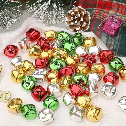 Augshy 120 Pieces Jingle Bells 4/5 Inch Craft Bell Bulk for Christmas Home and Pet Decorations Xmas Decor Party Favors Supplies (Gold, Silver, Red, Green)
