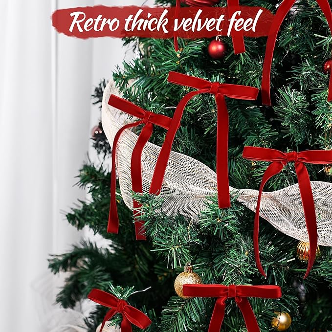 AYGXU 30pcs Velvet Bows for Christmas Tree Decorations,Twist tie Bows,Vintage Christmas Bow Decor,premade Bow for Gift Wrapping,Table,Garland,Fireplace Decor.red(5/8" W,5.1 * 7in)