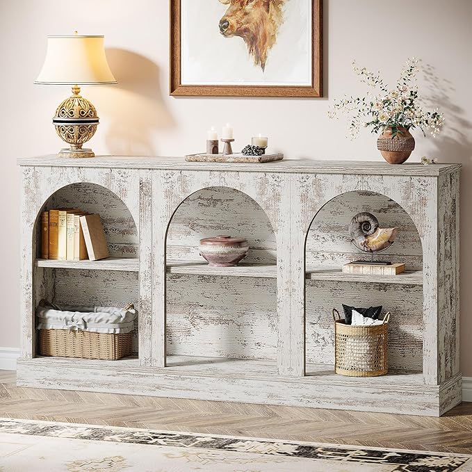 Tribesigns Farmhouse Console Table, 63-Inch Long Entryway Table with 3 Tier Storage, Wooden Rectangular Sofa Table Behind The Couch for Entrance, Hallway, Living Room, Distressed White