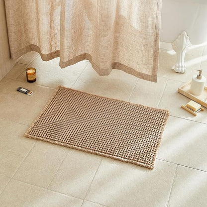Waffle Bath Mat, Boho Bathroom Rugs Non Slip Washable Super Absorbent Quick Dry Farmhouse Bathroom Decor, 24"x16" Khaki