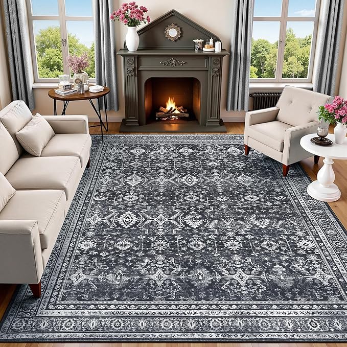 Lofus 8x10 Area Rug for Living Room,Black Washable Area Rugs with Non-Slip Backing,Soft Boho Carpets for Bedroom Dining Room Home Office Indoor Nursery