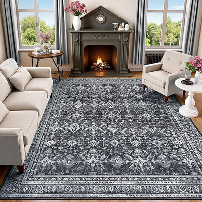 Lofus 8x10 Area Rug for Living Room,Black Washable Area Rugs with Non-Slip Backing,Soft Boho Carpets for Bedroom Dining Room Home Office Indoor Nursery