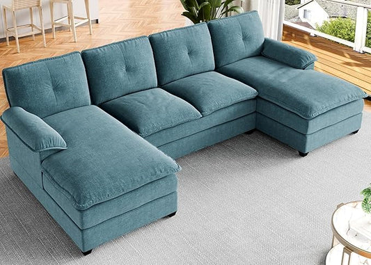 Meilocar U Shaped Sectional Sofa 110" 4 Seat Large Cloud Couch with Wide Chaise Double Cushions, Striped Blue
