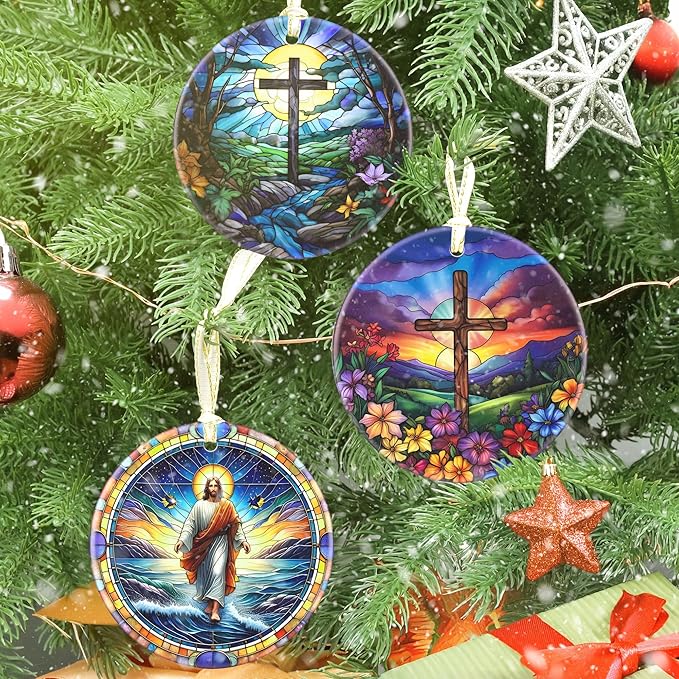 Cross 3.5 Inch Ceramic Christmas Hanging Ornament - Cross Spring Flower