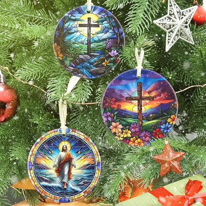 Cross 3.5 Inch Ceramic Christmas Hanging Ornament - Cross Spring Flower