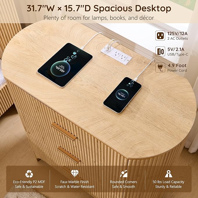 Fluted 3 Drawers Nightstand with Charging Station,31.7" W Bedside Table with Curved Profile Design,End Table Storage with USB Ports for Bedroom,Living Room,Gold Metal Handle,Natural Oak