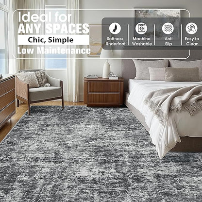 9x12 Area Rugs for Living Room Rug Washable: Abstract Large Rug for Dining Room Bedroom Carpet Non Slip 9 by 12 Indoor Modern Nursery Home Office Black Grey