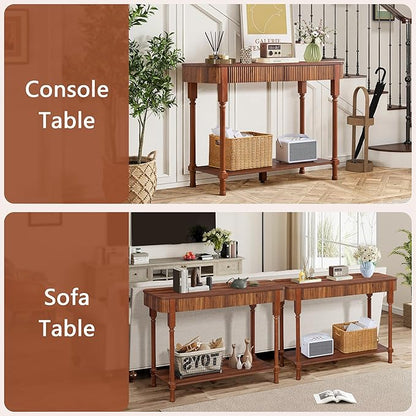 43.3'' Fluted Console Table for Entryway, Narrow Entryway Tables with 2 Wooden Drawers, Retro Sofa Table Behind Couch Accent Tables for Foyer, Living Room, Hallway (Walnut)
