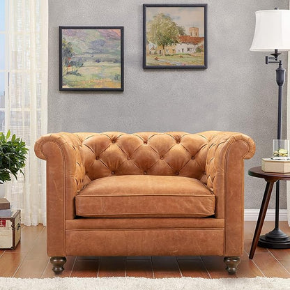POLY & BARK Lyon Leather Lounge Chair 49" – Cognac Tan Full-Grain Leather Upholstery – Modern Upholstered Accent Chair for Living Room or Bedroom – Indoor Lounge Seating with Lasting Comfort