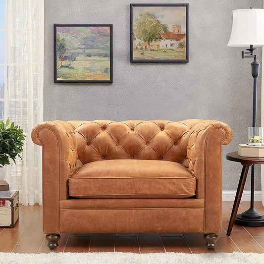 POLY & BARK Lyon Leather Lounge Chair 49" – Cognac Tan Full-Grain Leather Upholstery – Modern Upholstered Accent Chair for Living Room or Bedroom – Indoor Lounge Seating with Lasting Comfort