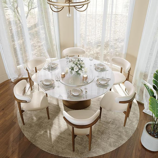 POVISON 60" Round Dining Table for 4-6 with Lazy Susan, 60" Glossy White Sintered Stone Tabletop Bronze Carbon Steel Pedestal