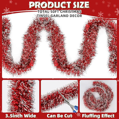 50ft Red&White Christmas Tinsel Garland Christmas Tree Garland Decorations Metallic Tinsel Glitter Twist Garlands Hanging Streamers for Indoor Xmas Holiday Decor