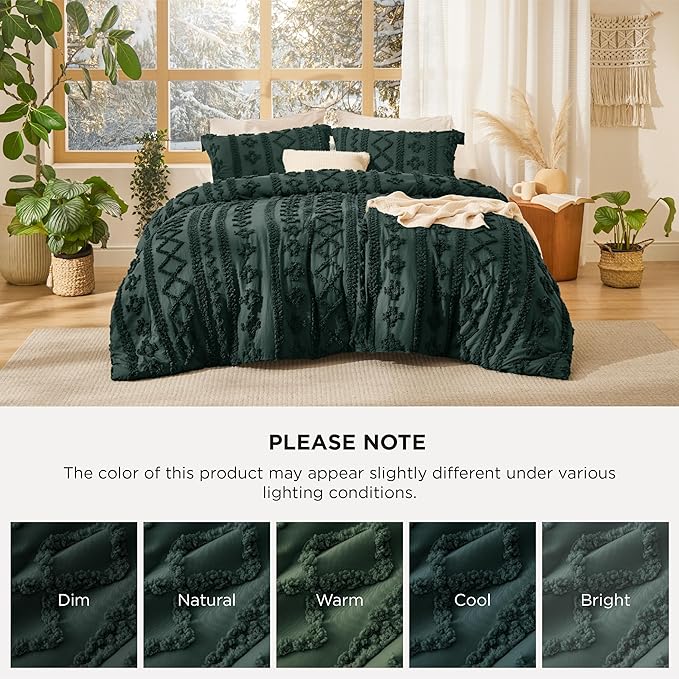 Bedsure Tufted Boho Comforter Set King Size - Emerald Green Boho Bed Set, GentleSoft™ 3 Pieces Farmhouse Shabby Chic Embroidery Bedding, Gifts for Woman, Soft Jacquard King Comforter for All Seasons
