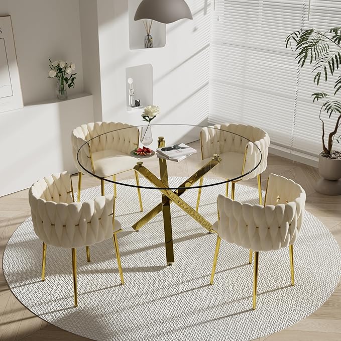 Modern Round Glass Dining Table Set for 4, 47'' Clear Circular Kitchen Table and Chairs Set, 5 PCS Mid Century Modern Circle Dining Room Table Set, Beige Woven Dining Chair for Home (Golden)