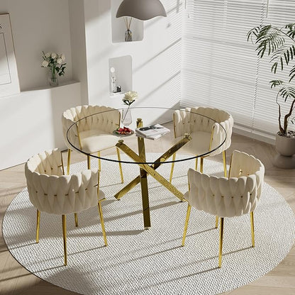 Modern Round Glass Dining Table Set for 4, 47'' Clear Circular Kitchen Table and Chairs Set, 5 PCS Mid Century Modern Circle Dining Room Table Set, Beige Woven Dining Chair for Home (Golden)