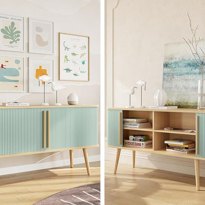 WERMO 53'' Blue Cabinet with Doors and Shelves - Credenza, Modern Media Console Table with Storage, Blue Sideboard Storage Accent Cabinet for Living Room, Office, Entryway and Bedroom (Oak)