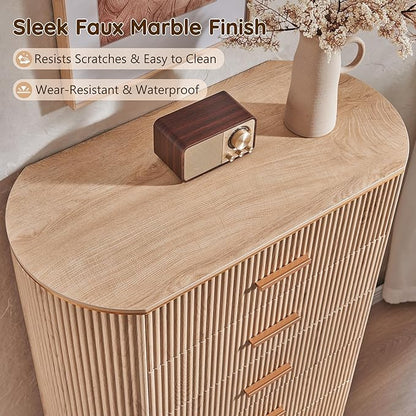 Fluted 5 Drawer Tall Dresser with Curved Profile,47.8" Tall Drawers with Reeded Texture,Gold Handles Storage Organizer Cabinet for Bedroom,Living Room,Entryway,Light Oak