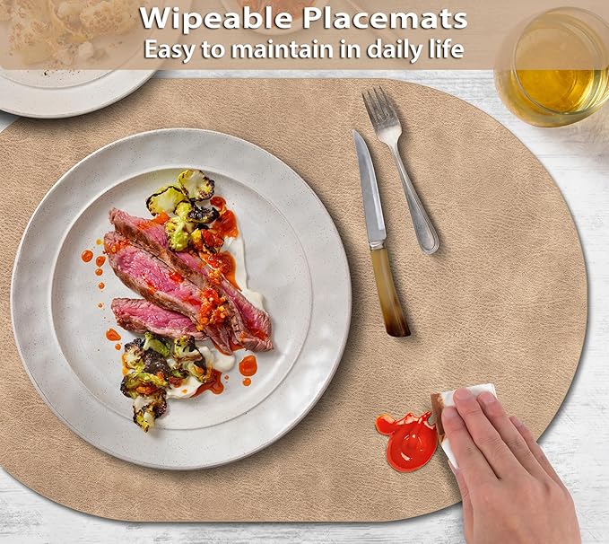 ADRIMER Placemats, Heat Resistant Oval Placemats Set of 8 Washable 12 x 17 Inch, Waterproof Table Placemats Set of 8, Wipeable Faux Leather Placemats for Kitchen, Dining Room, Apricot